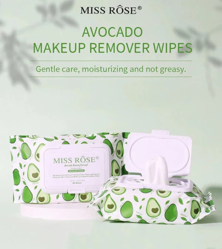 Miss Rose Avocado beauty concept facial cleaning wipes.
